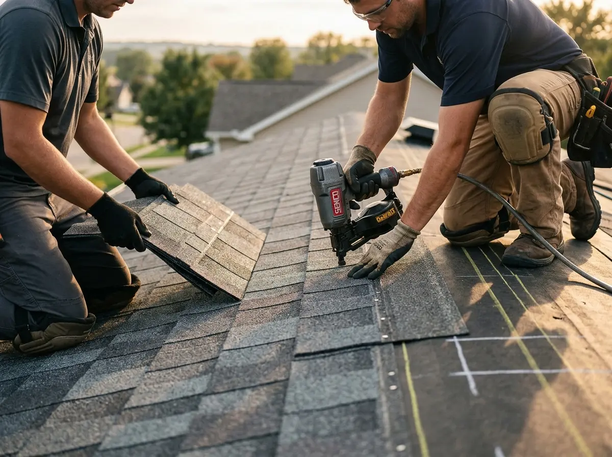 Professional roofer working on a residential roof in Mayfield